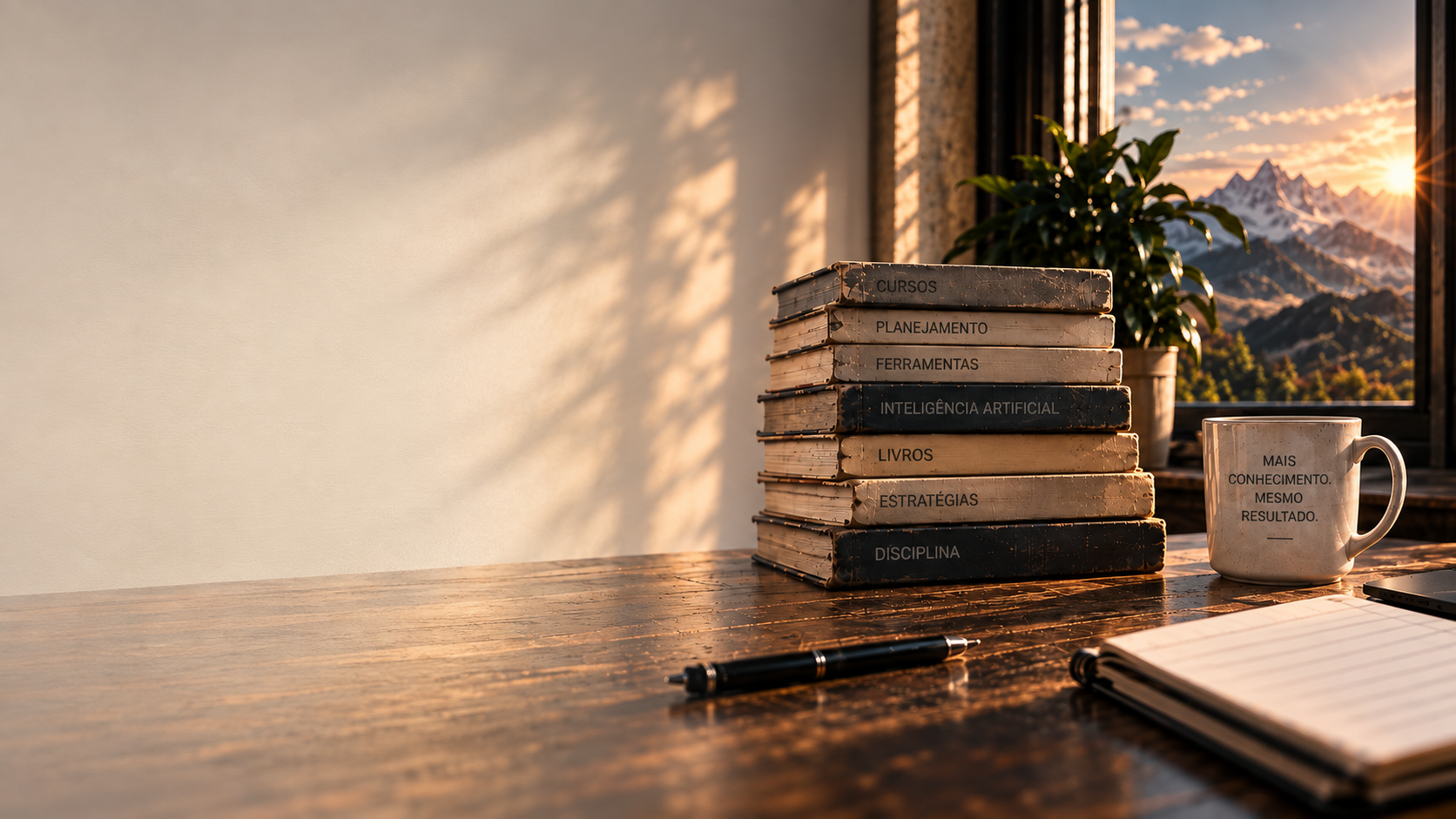 Mesa de estudo ao entardecer: uma pilha de livros com as lombadas Cursos, Planejamento, Ferramentas, Inteligência Artificial, Livros, Estratégias e Disciplina; ao lado, uma caneca com a frase “Mais conhecimento. Mesmo resultado.”, um caderno aberto e uma caneta.