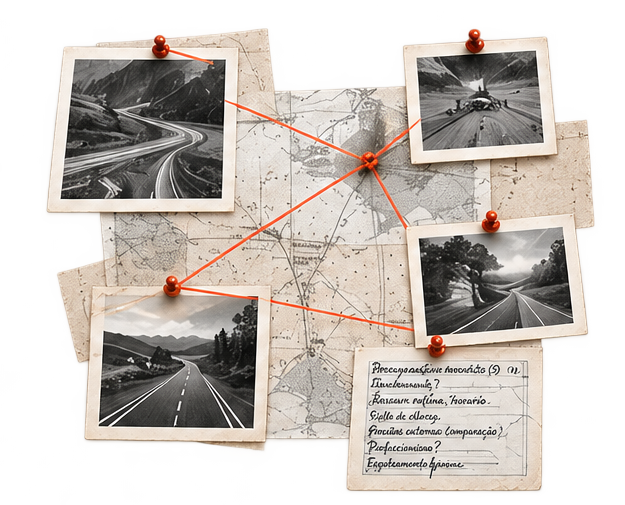 Fotografias presas por alfinetes e ligadas por linhas sobre um mapa.