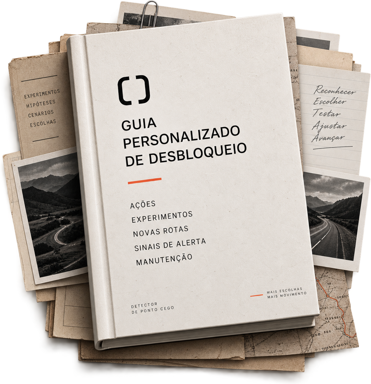 Guia Personalizado de Desbloqueio sobre uma pilha de documentos: ações, experimentos, novas rotas, sinais de alerta e manutenção.